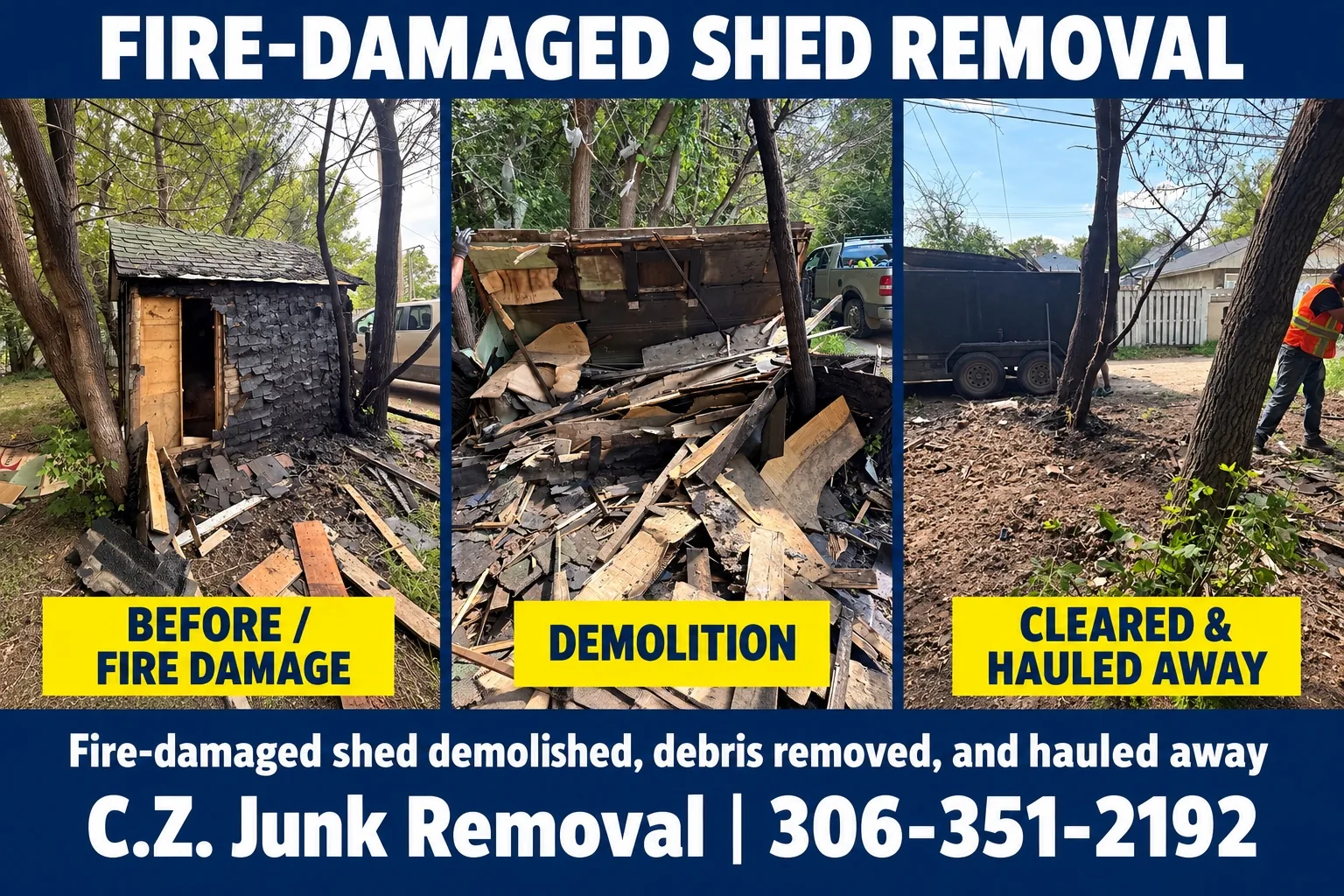 Fire-damaged shed removal in Saskatoon